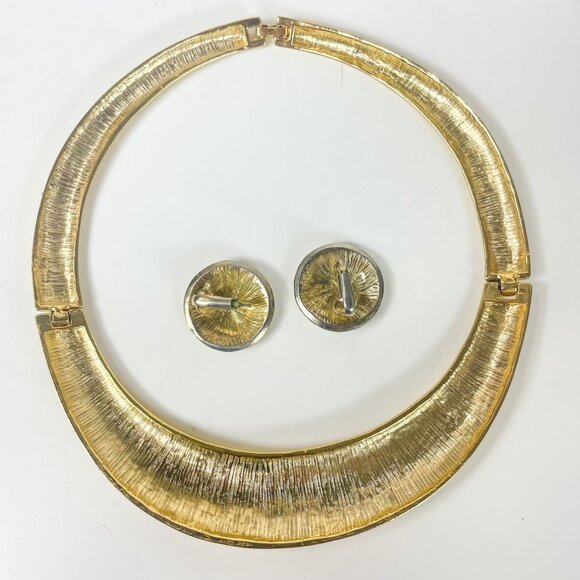 Enameled Cream Black Dots Leopard Torque Necklace Coordinating Clip-On Earrings - Picture 4 of 5